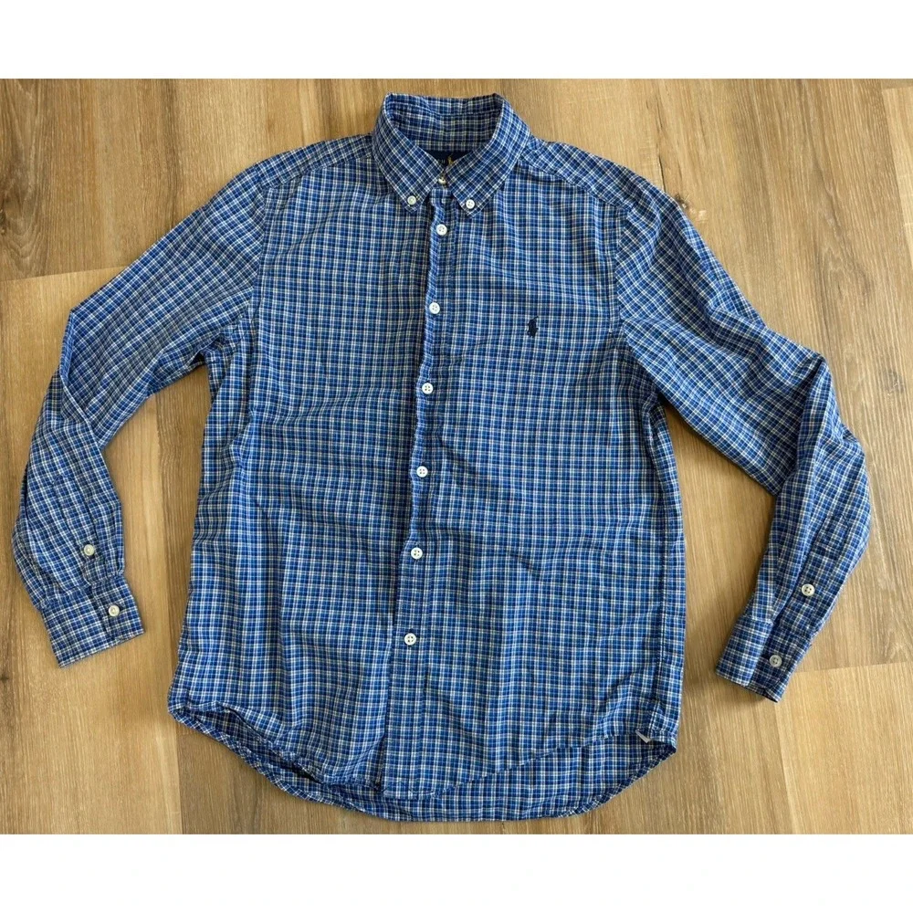 Ralph Lauren‎ Natural Stretch Boys Long Sleeve Button Shirt Blue Plaid 14 16